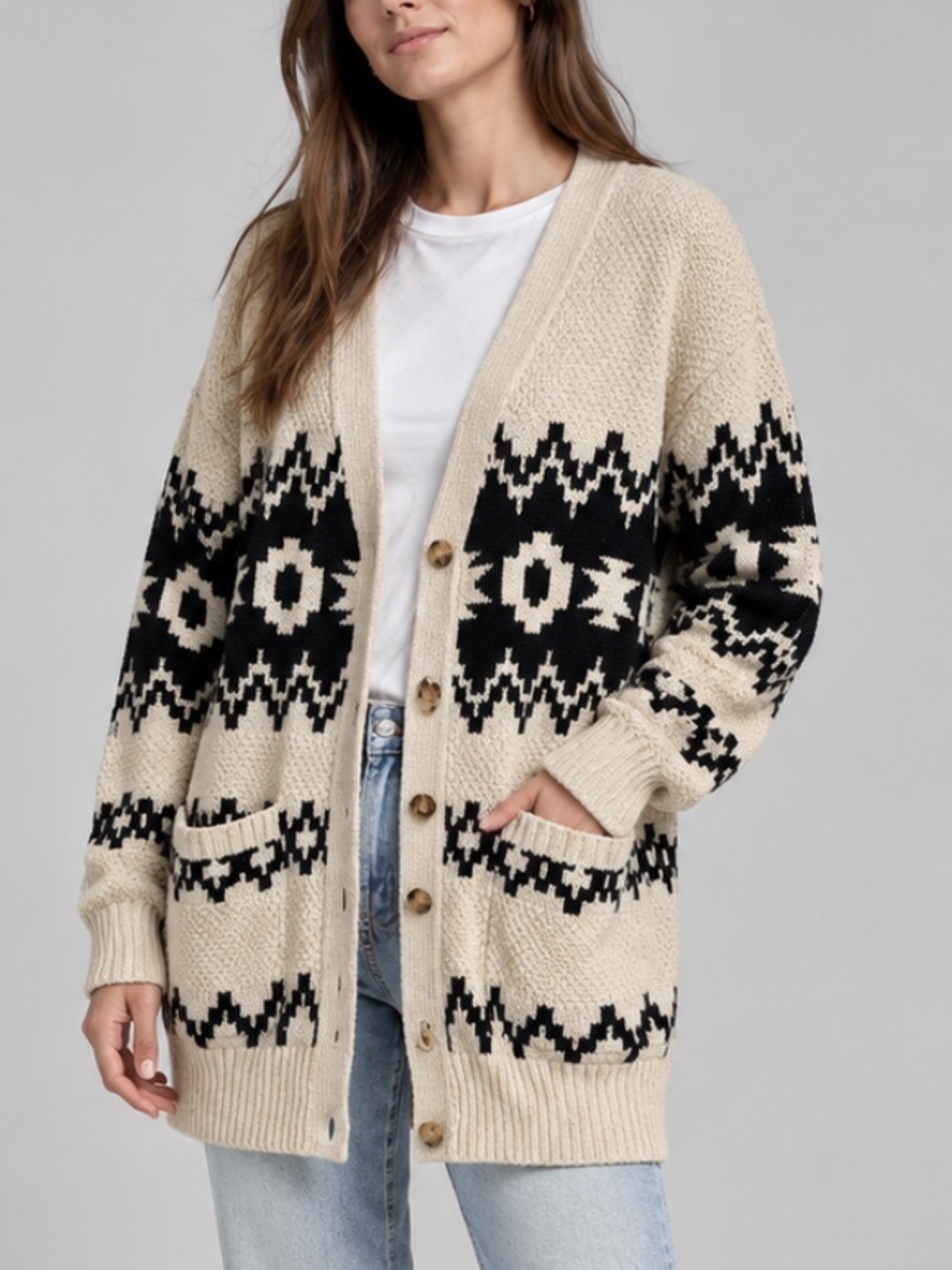 NWT Lucky Brand Cream & Black Fair Isle Oversized Cardigan